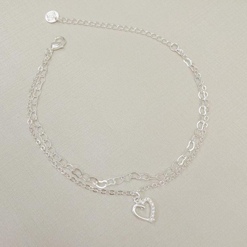 12.2300.1.S - Pulseira duplas em elo de corações com pingente de silhueta de coração