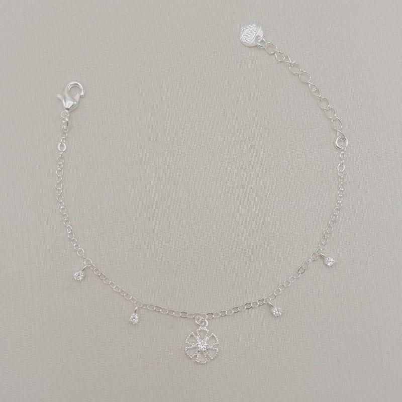 12.2372.1.S - Pulseira de elos portugues com pingentes de ponto de luz e flor geometrica