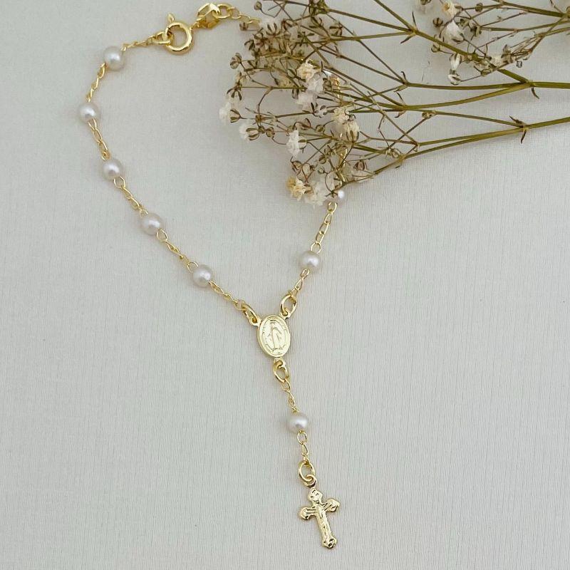 12.2098.15.O - Pulseira rosário de pérolas em elos clássicos com imagens em chapa lisas