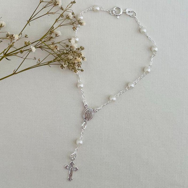 12.2098.15.S - Pulseira rosário de pérolas em elos clássicos com imagens em chapa lisas