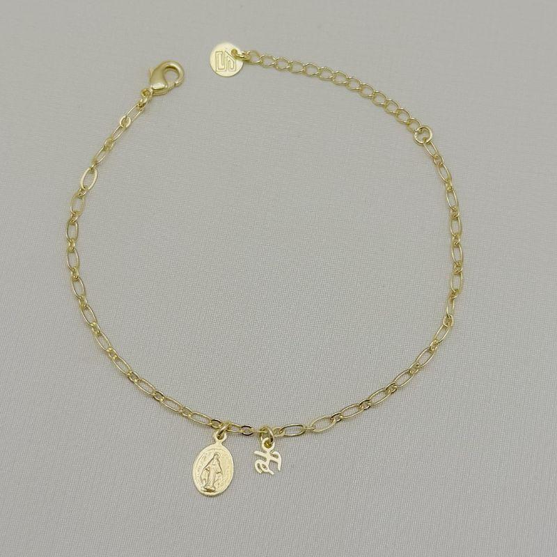 12.2347.0.O - Pulseira de elos figaro oval com pingente de Nossa Senhora e escrita fé
