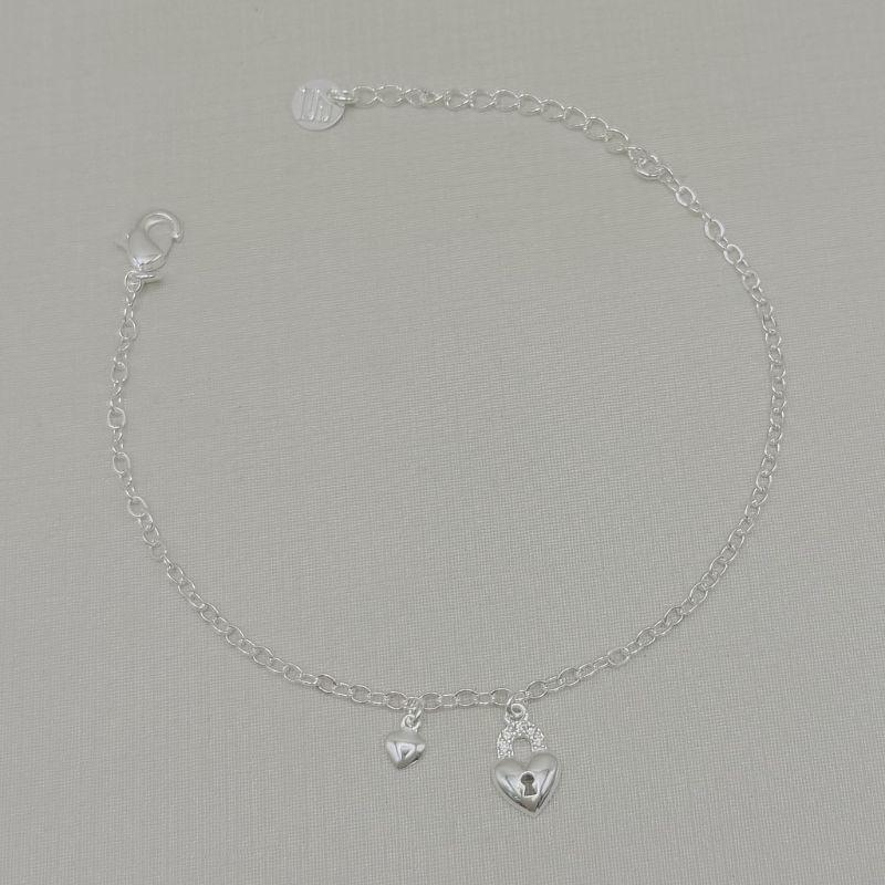 12.2360.1.S - Pulseira de elos americanos com pingente cadeado coração e mini coração