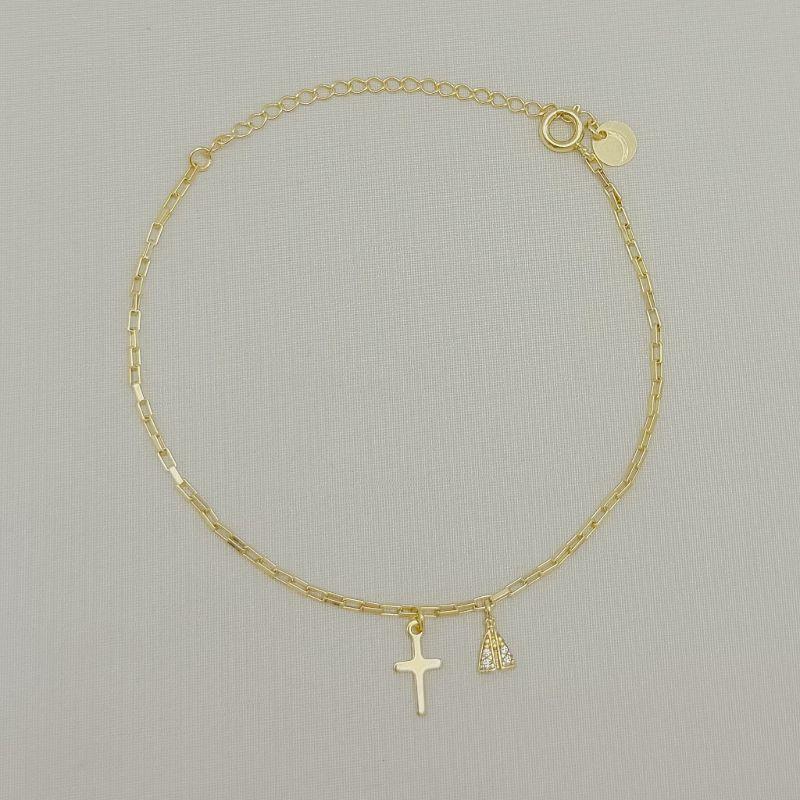 12.2369.1.O - Pulseira de elos tijolinhos com pingente cruz e Nossa Senhora cravejada