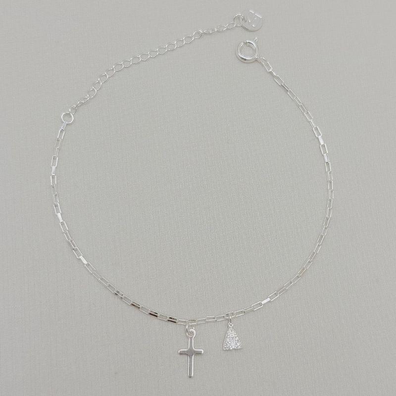 12.2369.1.S - Pulseira de elos tijolinhos com pingente cruz e Nossa Senhora cravejada