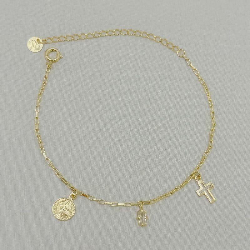 12.2370.1.O - Pulseira de elos tijolinhos com pingente pedra retangular cruz e São Bento
