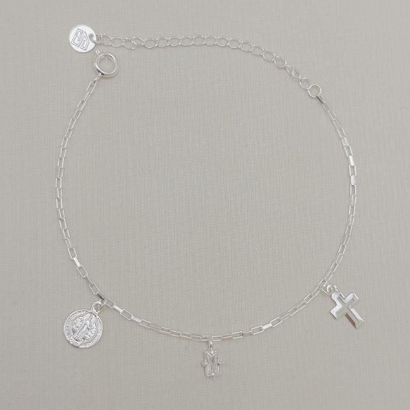 12.2370.1.S - Pulseira de elos tijolinhos com pingente pedra retangular cruz e São Bento