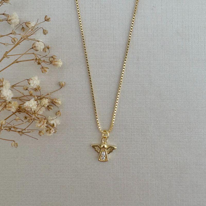 09.2273.1.O - (45) Colar veneziana com pingente silhueta anjo com central cravejada