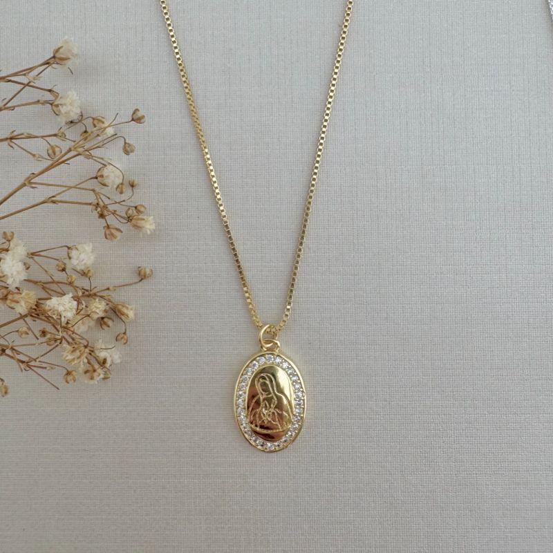 09.2281.1.O - (45) Colar de veneziana com pingente oval de Nossa Senhora de Fatima