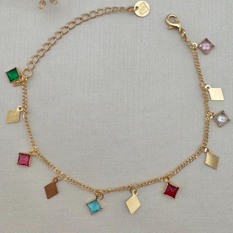 12.2117.C.O - Pulseira de elo grumet pequeno com pingente em losangos chapas e pedras