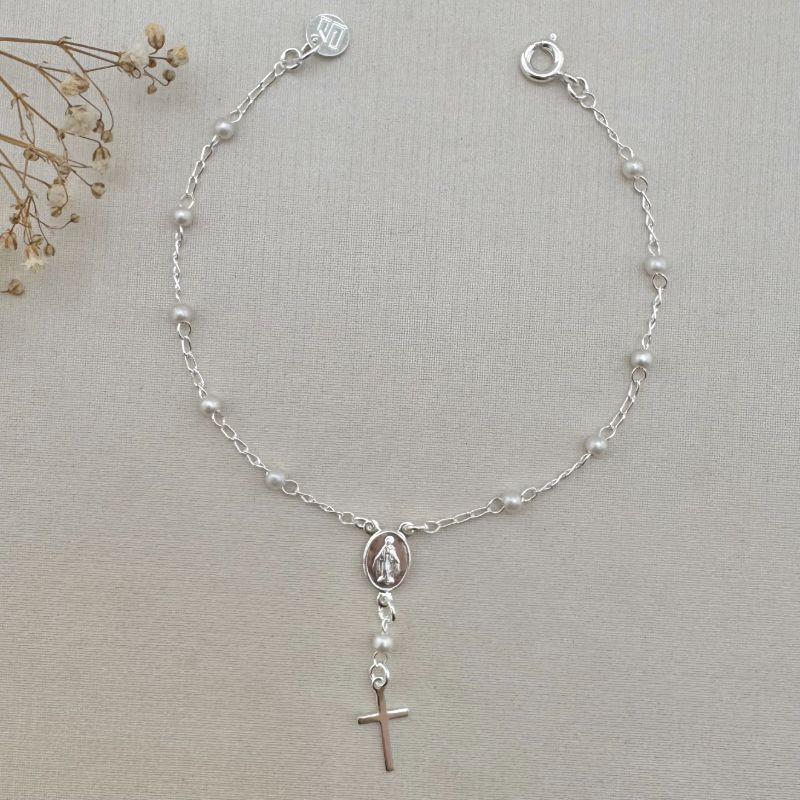 12.2119.15.S - Pulseira de rosário em pérolas e imagens lisas
