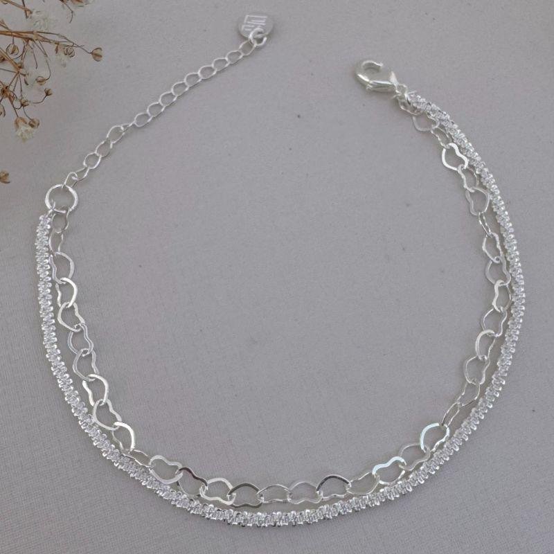 12.2136.0.S - Pulseira dupla uma de elos corações e outra em malha veludo