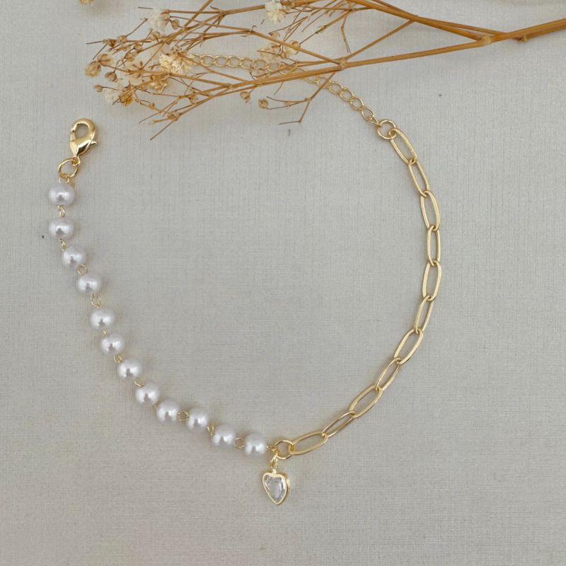 12.2165.15.O - Pulseira metade de elos longos metade de pérola com pingente de coração