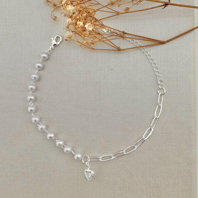 12.2165.15.S - Pulseira metade de elos longos metade de pérola com pingente de coração