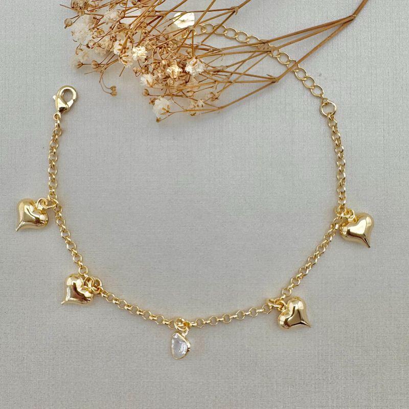 12.2166.1.O - Pulseira de elos português com pingentes de coração lisos e um coração de zirconia