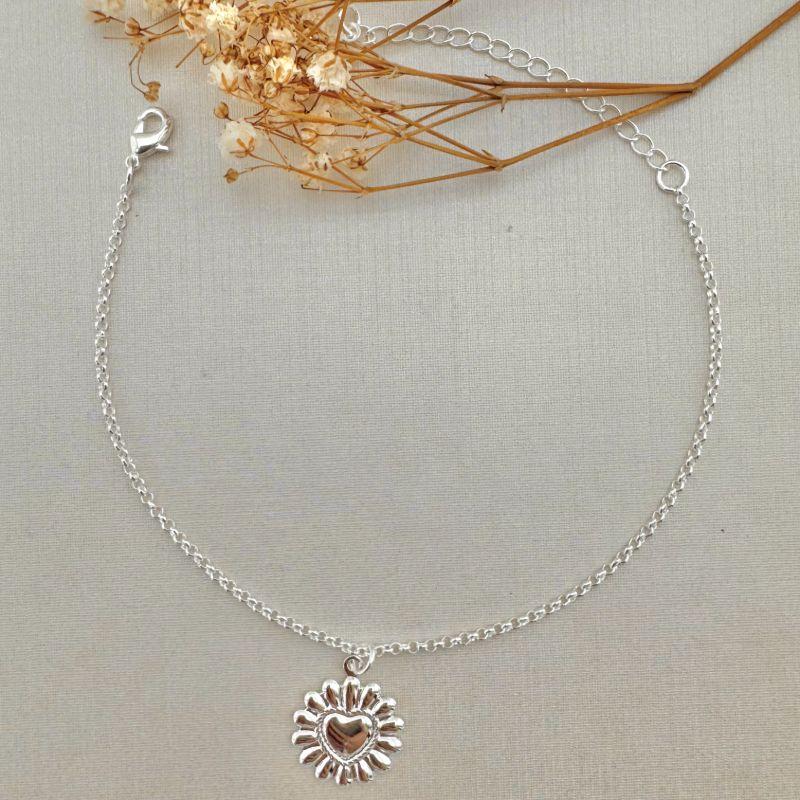 12.2169.0.S - Pulseira de elos portugues com pingente coração em raios lisos