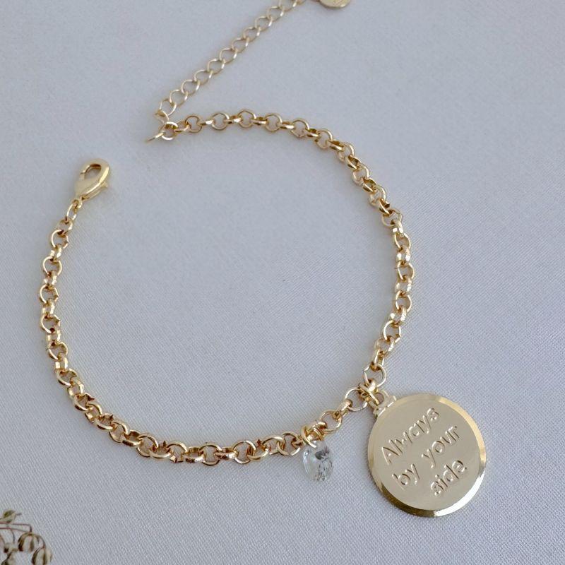 12.2198.0.O - Pulseira de elos português com pingente de moeda Sempre ao seu Lado com ponto de luz