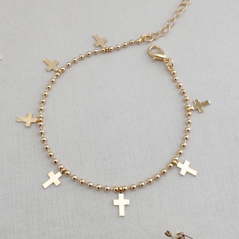 12.2201.0.O - Pulseira de bolinhas com pingentes de cruz lisos