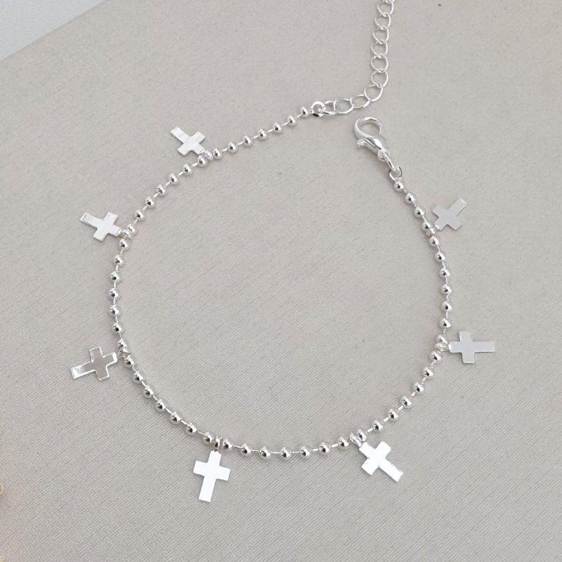 12.2201.0.S - Pulseira de bolinhas com pingentes de cruz lisos