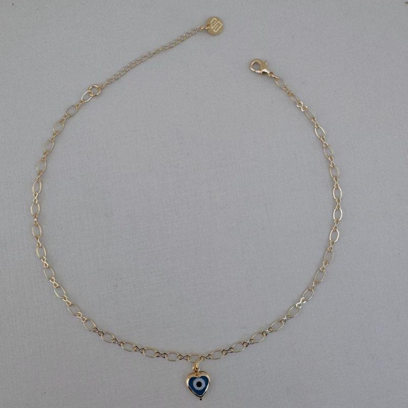 14.0686.20.O - Tornozeleira de elos longon com pingente de coração em olho grego