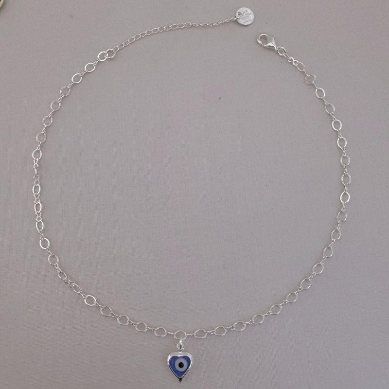 14.0686.20.S - Tornozeleira de elos longon com pingente de coração em olho grego