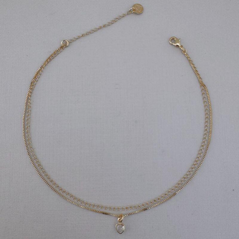 14.0687.1.O - Tornozeleira dupla de veneziana e elos clássicos com pingente de coração ponto de luz