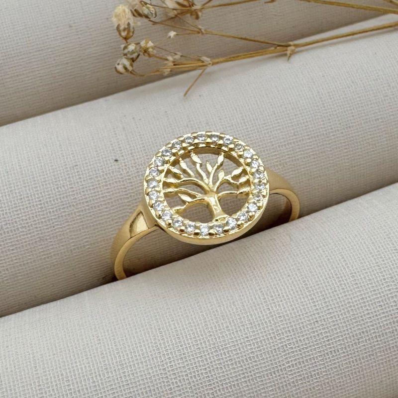 03.2262.1.O - (16) Anel de aro fino liso com moeda de arvore da vida com circulo cravejado