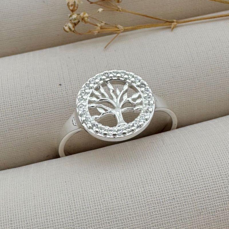 03.2262.1.S - (20) Anel de aro fino liso com moeda de arvore da vida com circulo cravejado