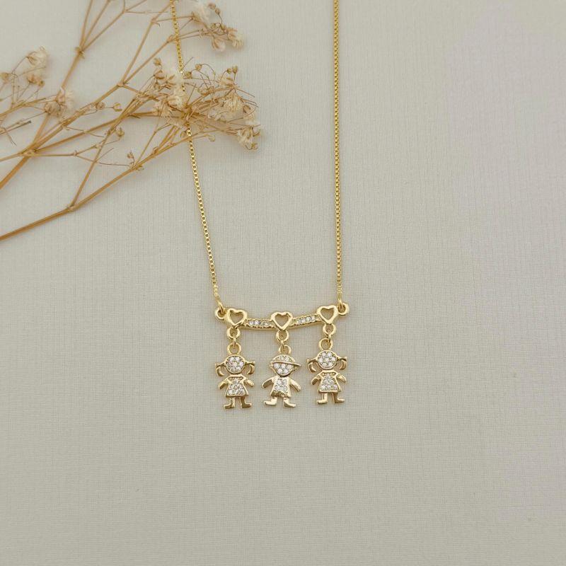 09.0011.1.O  - INATIVO (3 filhos canga - V2) Colar de canga filete de zircônias com três pingentes de filhos