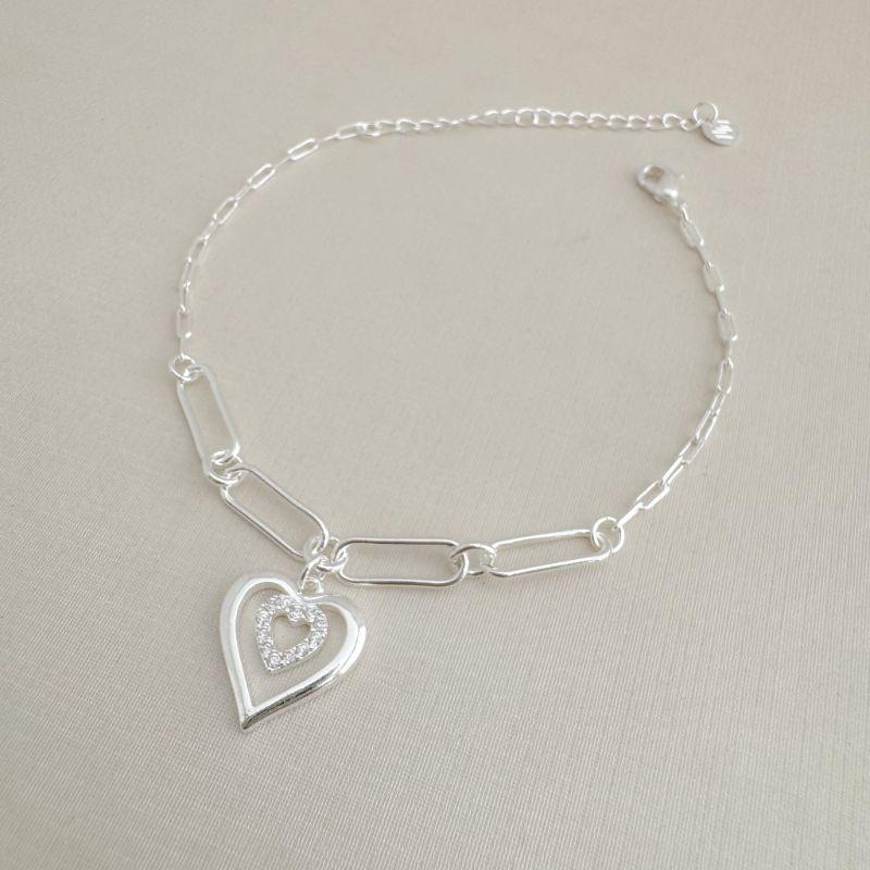 12.2212.1.S - Pulseira de elos longos com pingente de silhueta de coração liso com coração menor cravejado