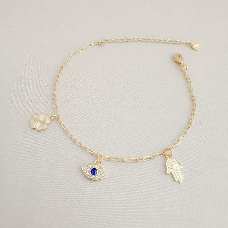 12.2216.4.O - Pulseira de elos ovais com pingentes shamrock e mão de Fátima lisos e olho grego cravejado