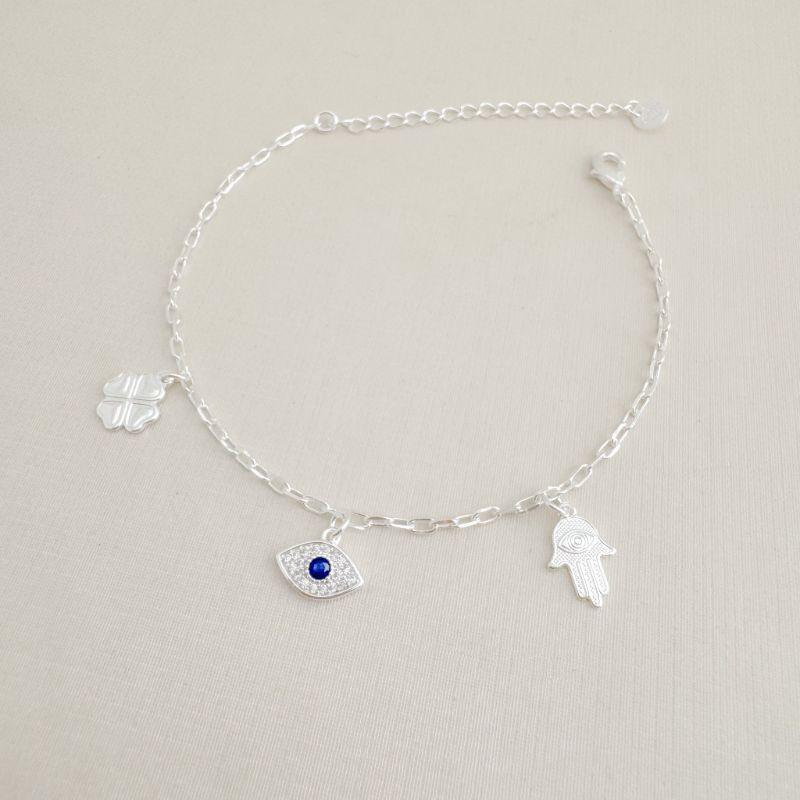 12.2216.4.S - Pulseira de elos ovais com pingentes shamrock e mão de Fátima lisos e olho grego cravejado