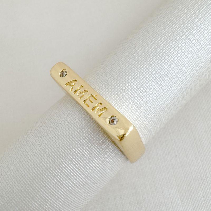 03.2510.1.O - (14) Anel quadrado com escrita Amem e micro zircônias em cada lado