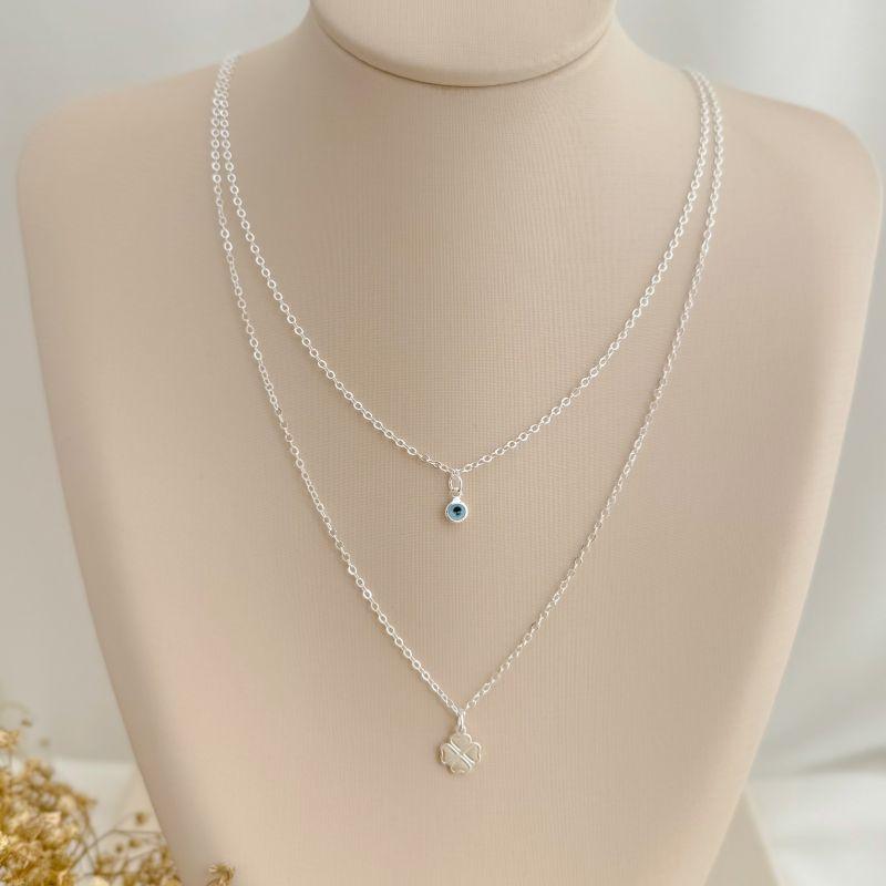 09.2371.20.S - (33) Colar duplo de olho grego e trevo de quatro folhas