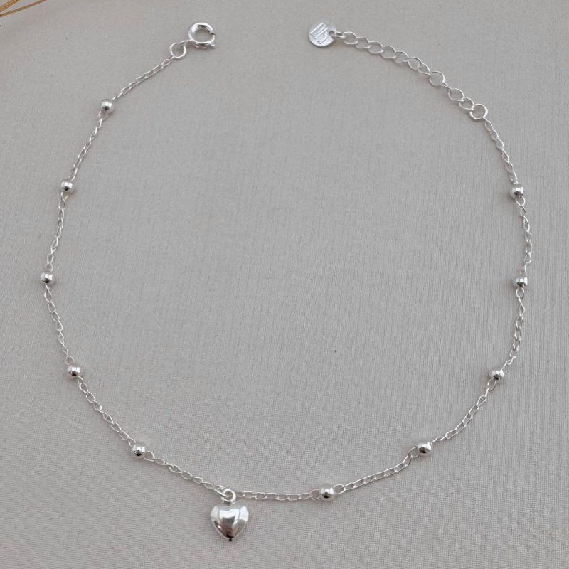 14.0282.0.S - Tornozeleira de bolas lisas com pingente de coração liso