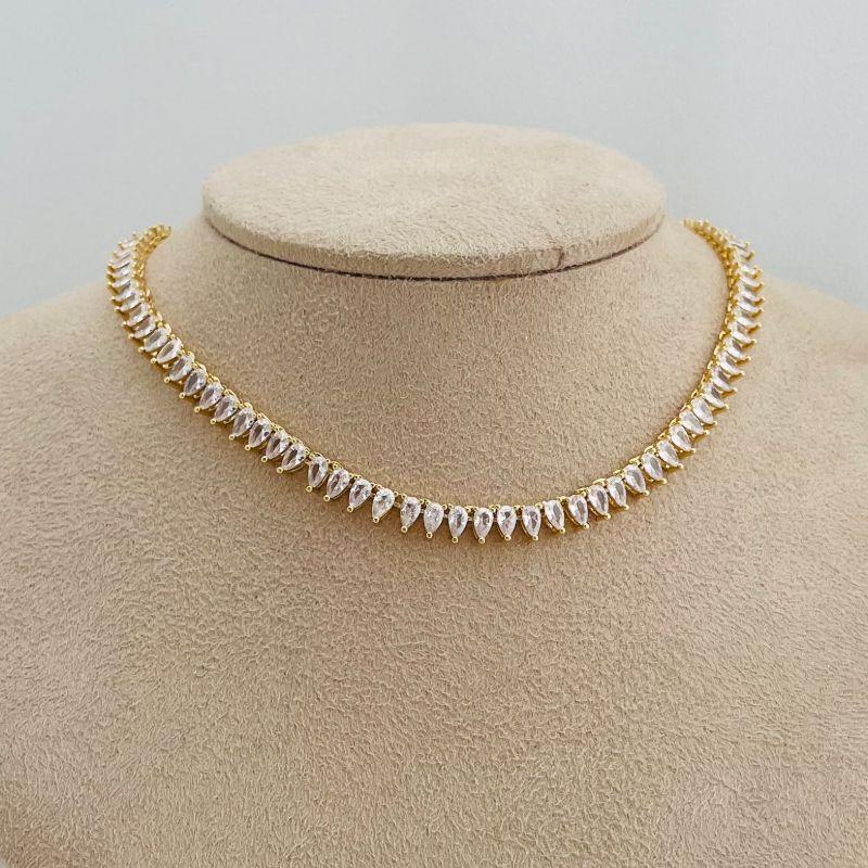 09.2132.1.O - (43) Colar estilo riviera em pedras gotas em três garras