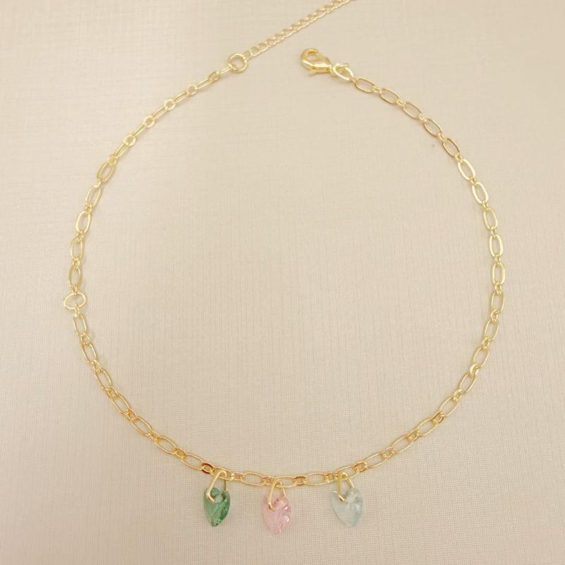 14.0322.C.O - Tornozeleira de elos ovais longos com três corações em ponto de luz