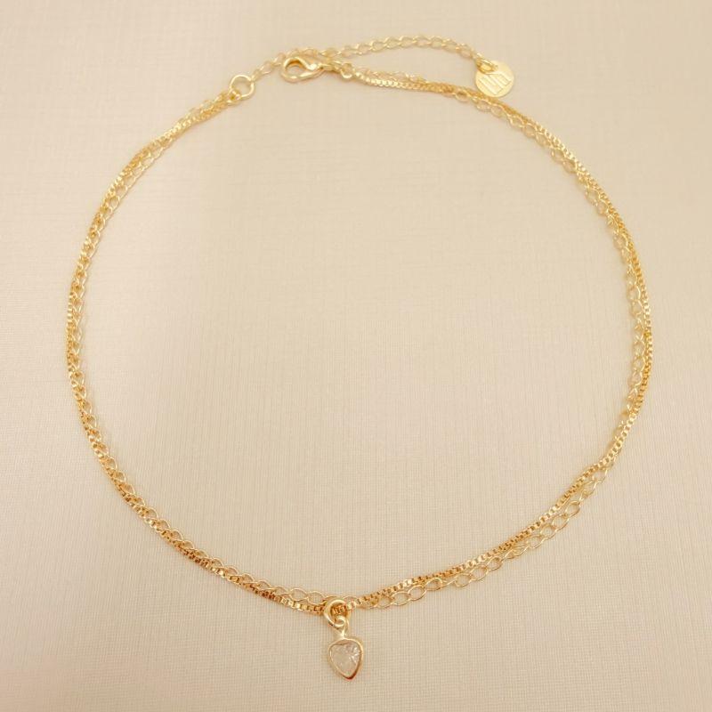 14.0687.1.O - (V2) Tornozeleira dupla de veneziana e elos clássicos com pingente de coração ponto de luz