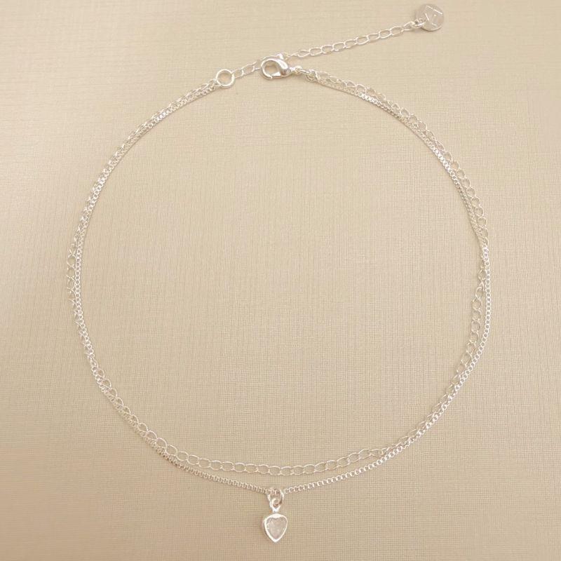 14.0687.1.S - Tornozeleira dupla de veneziana e elos clássicos com pingente de coração ponto de luz