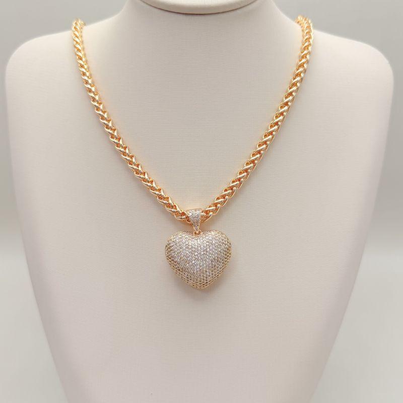 09.2446.1.O - (42) Colar de pingente coração 2.8 cravejado com corrente palmeira lisa