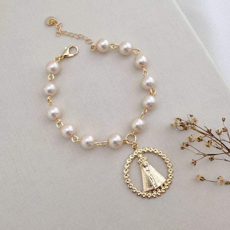 12.2202.15.O - Pulseira de pérolas grandes com pingente de Nossa Senhora