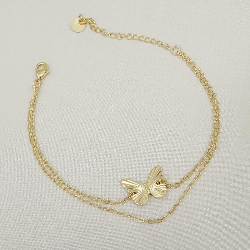 12.2298.0.O - Pulseira dupla de elos americanos com uma borboleta desenhada lisa